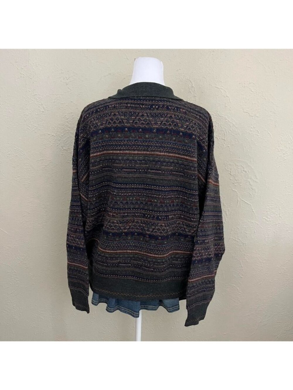 80s colorful striped quirky boho indie grandpa wool polo sweater - Picture 5 of 8